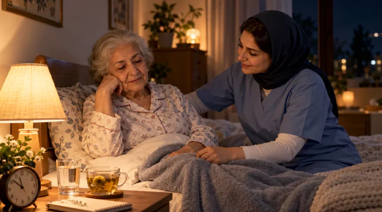 زن سالمند در تخت با پرستار؛ اختلال خواب سالمندان و خواب شبانه